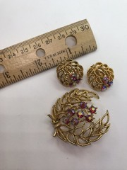 Vintage Lisner Signed Goldtone Brooch and Clip Earrings Rhinestone AB Set