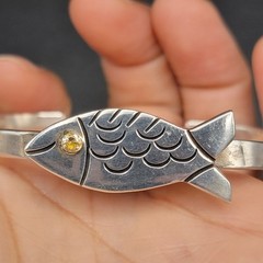 Vintage Taxco Mexico 925 Sterling Silver Fish Bangle Bracelet Twisted Cuff 21g