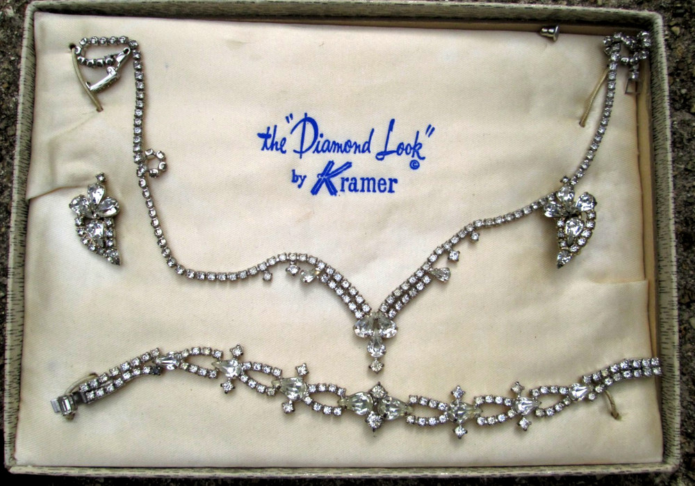 The Diamond Look by Kramer Necklace Bracelet & Earrings Set Original Box Vintage