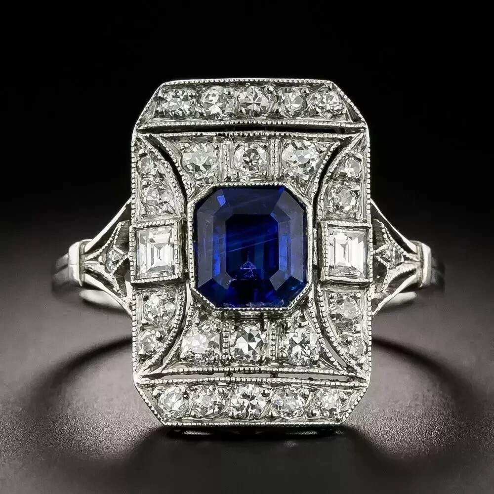 Art Deco Style Octagonal Sapphire & Lab Created Diamond 14k White Gold FN Ring