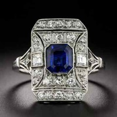 Art Deco Style Octagonal Sapphire & Lab Created Diamond 14k White Gold FN Ring
