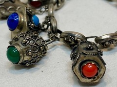 Italian Etruscan Revival 800 Silver Fob Charm Bracelet Semi Precious Stones