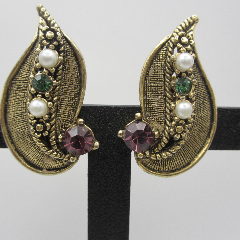 Vtg Climber Earrings Suffragette Colors Rhinestone Textured Gold Tone Clip Ons