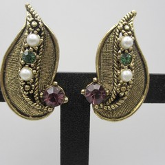 Vtg Climber Earrings Suffragette Colors Rhinestone Textured Gold Tone Clip Ons