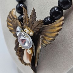 VINTAGE Art Deco Black and Copper Tone Statement Beaded Necklace