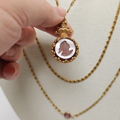 Vintage Goldette NY Purple Intaglio Bezel Set Crystal Gold Tone 3 Tier Necklace