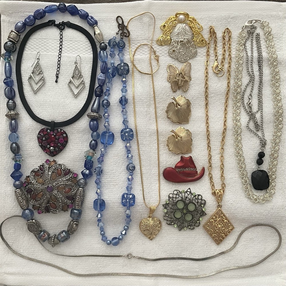 17pc Vintage Jewelry & Pin Lot Rhinestone Crystal Beads Gold-Silver Color Metal