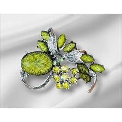 Vintage Style Lime Green Floral Brooch Silver Tone Rhinestone Botanical Pin