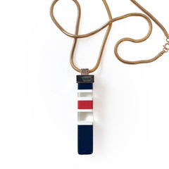70s Lanvin Pendant, RARE Striped Lucite Pendant on Gold Tone Snake Chain, Signed