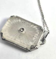 Camphor glass rhodium plated filigree vintage pendant necklace