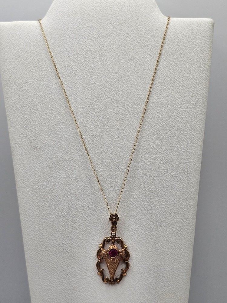 Antique 10k gold garnet Emco lavalier style pendant necklace art deco floral