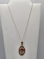 Antique 10k gold garnet Emco lavalier style pendant necklace art deco floral