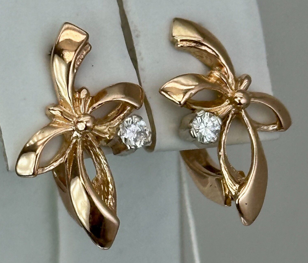 Vintage Original Natural Diamond 0.10 Ct Rose & White Gold Earrings 583 14K