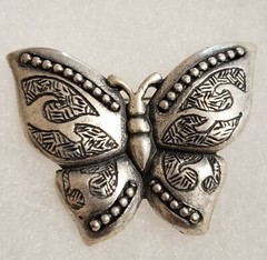 Vintage Newpro Silvertone Butterfly Brooch with Etched Design/Beads Secure Clasp