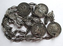 30in VINTAGE 1967 CINCO CENTAVOS MEXICO COIN SILVER PLATED ORNATE CHAIN NECKLACE