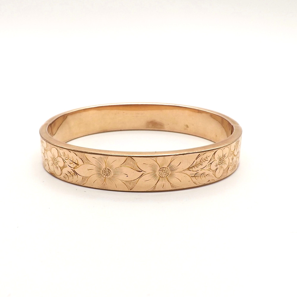Art Deco Gold Filled Floral Carved Bangle Bracelet Hinged 7in 25gr H&H