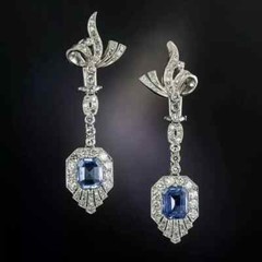 Art Deco Style Emerald Sapphire & Lab Created Diamond 14k White Gold FN Earring
