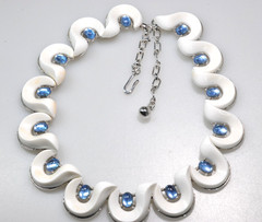Vtg Trifari Choker Necklace white blue silver tone Santa Anita signed BB19