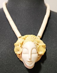 June Metaxides Art Nouveau Resin Figural Beauty Pendant Bead Necklace GF Chain