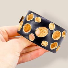 CINER, Signed Vintage, 18k Gold Plated, Jet Enamel Geometric Bracelet