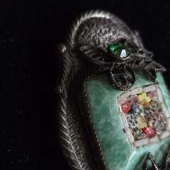 Antique Silver Tone Millefiori Micromosaic Brooch Pin Green Rhinestones Art Deco