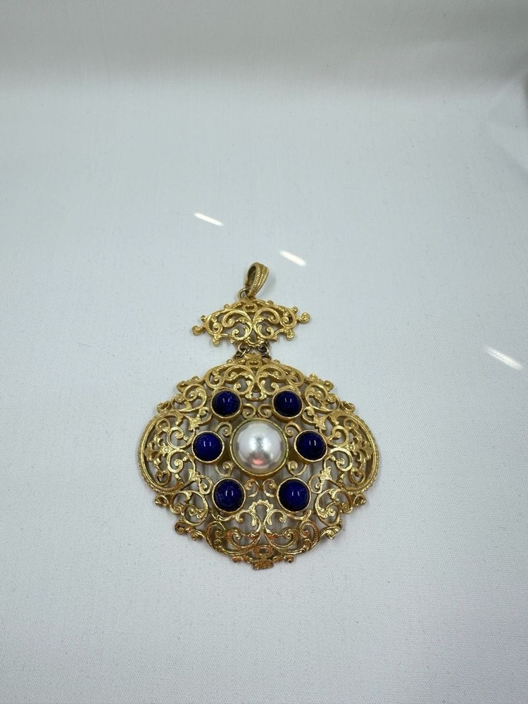 Lucien Piccard Gold Plated Filigree Pendant Faux Pearl and Lapis Lazuli Cabochon