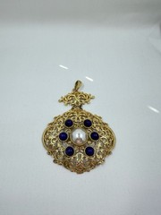 Lucien Piccard Gold Plated Filigree Pendant Faux Pearl and Lapis Lazuli Cabochon