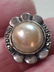 Sterling Silver Pearl Marcasite Post Pierced Earrings Vintage Estate .75in