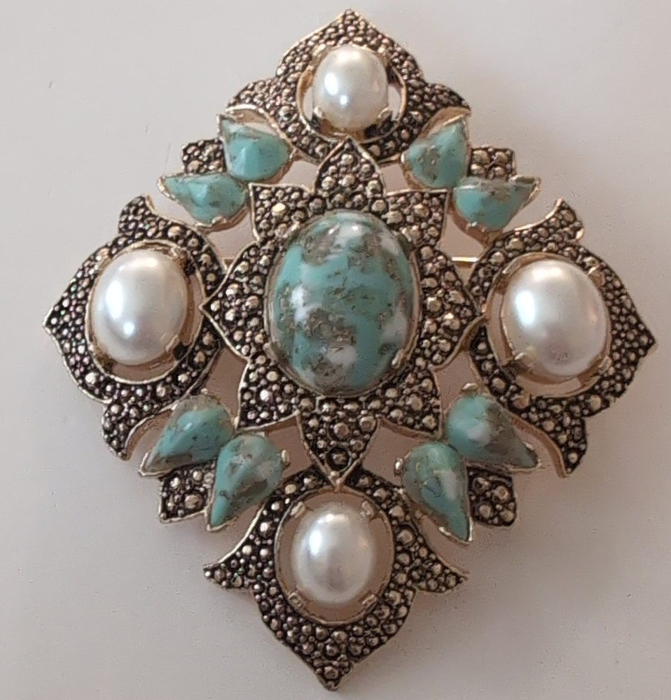 Sarah Coventry Turquoise Oval Stone & Faux Pearl Star Brooch Pin Silver Tone
