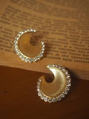 Gold Crystal Crescent Clip On Earrings Mid Century Statement Jewelry
