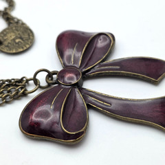 Vintage Bow Pendant Necklace Maroon Enamel French Coin Charm Layered 29 in