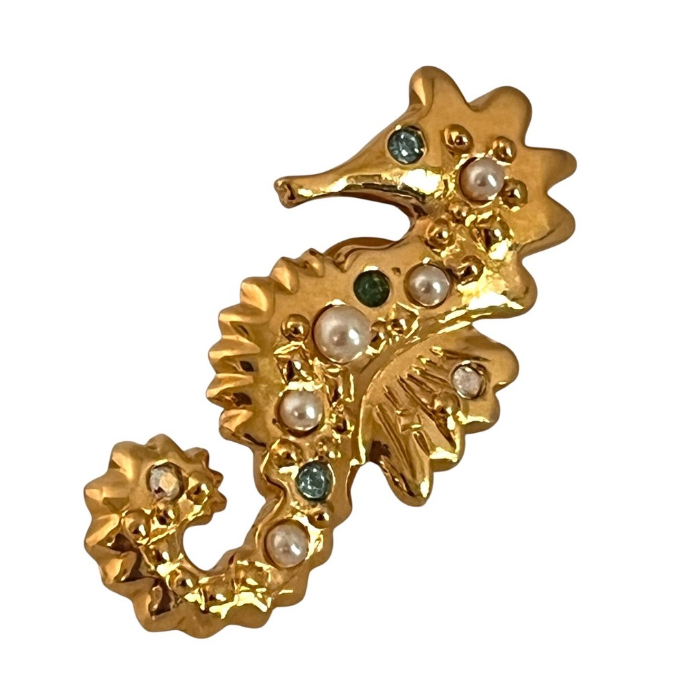 Vintage Avon Seahorse Brooch Faux Pearl Rhinestone Gold Tone Pin – 5N