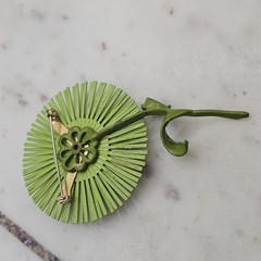 Vintage Mod Flower Brooch Pink Green Enamel Stem Pin MCM Retro Atomic Space Age
