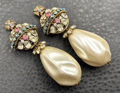 Rare Serbin Massive Royal Cross VTG 80s Faux Pearl Rhinestone Earrings Runway