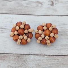 Vintage Clip On Earrings Brown & Tan Wooden Cluster Fall Autumn Tone