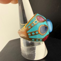 Enamel Dome Ring Blue Abstract Stainless Steel Gold Tone Size 8.75