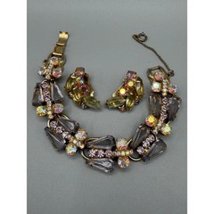 Vintage Juliana D&E Rhinestone Bracelet Earrings Set AB Crystal Smoky Glass#1097