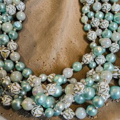 Vintage Japan 6 Strand Aqua Seafoam Glass & Acrylic Bead Necklace Statement Bib