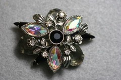 Smoky Gray Glass Oval Stones /AB Marquise Accents Floral Brooch Vintage