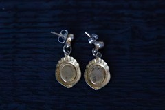 Vintage Art Deco Style Sky Blue Guilloche Enameled Floral Motif Dangle Earrings