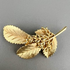 Vintage BSK Brooch Lot Leaf Feather Seaweed Faux Pearl Brushed Gold Tone Signed