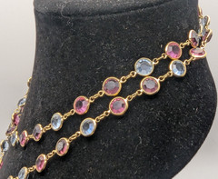 Vintage Gold Tone Pink Blue Purple Crystal Station Necklace Bezel 36in