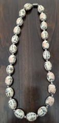 Vintage Asian Calligraphy and Floral Motif Oval Porcelain Bead Necklace 28 inch