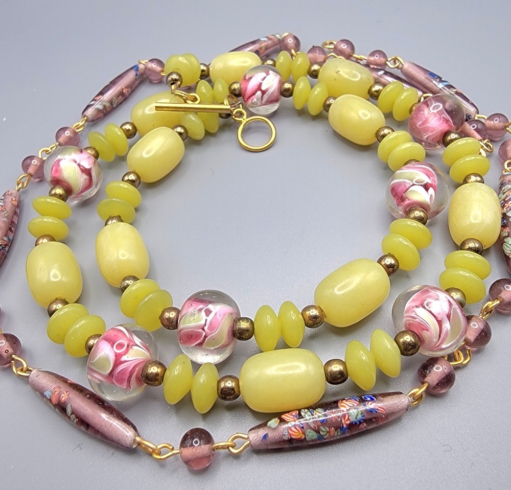 2 Vintage Murano style glass beads Pinks Lavender Lemon Yellow Necklaces