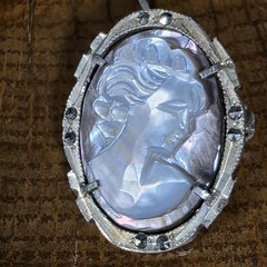 Vintage 800 Silver Carved Mother of Pearl Cameo Brooch Pendant Marcasite Frame