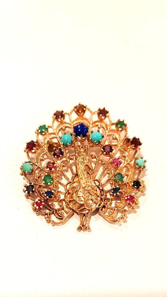 Vintage Peacock Brooch 14kt Gold with Gemstones