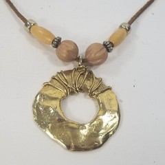 Vintage Gold Tone Brutalist Necklace Leather Wood Bead Pendant Boho
