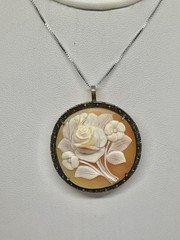 Vintage Carved Shell Rose Cameo Pin Brooch Pendant High Relief 800 Silver Frame