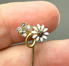 Antique Victorian Gold Filled Stick Pin White Enamel Flower Rhinestones Dainty
