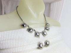 Vintag Faceted Black Hematite Cabochons Choker Necklace Earrings Clip Silvertone